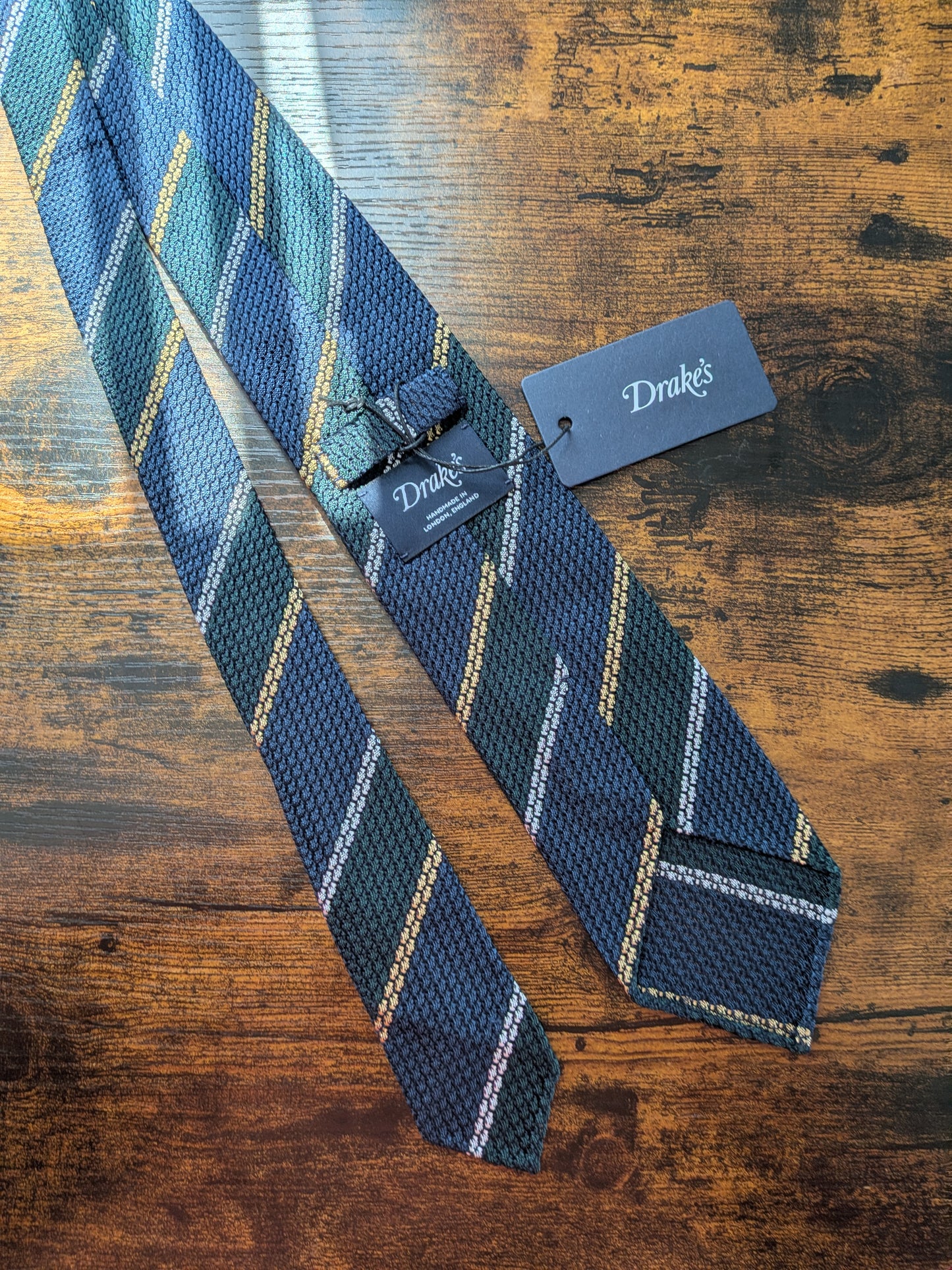 Drakes Grenadine Navy Green Yellow Multicoloured Striped Handmade Silk Tie With Tag