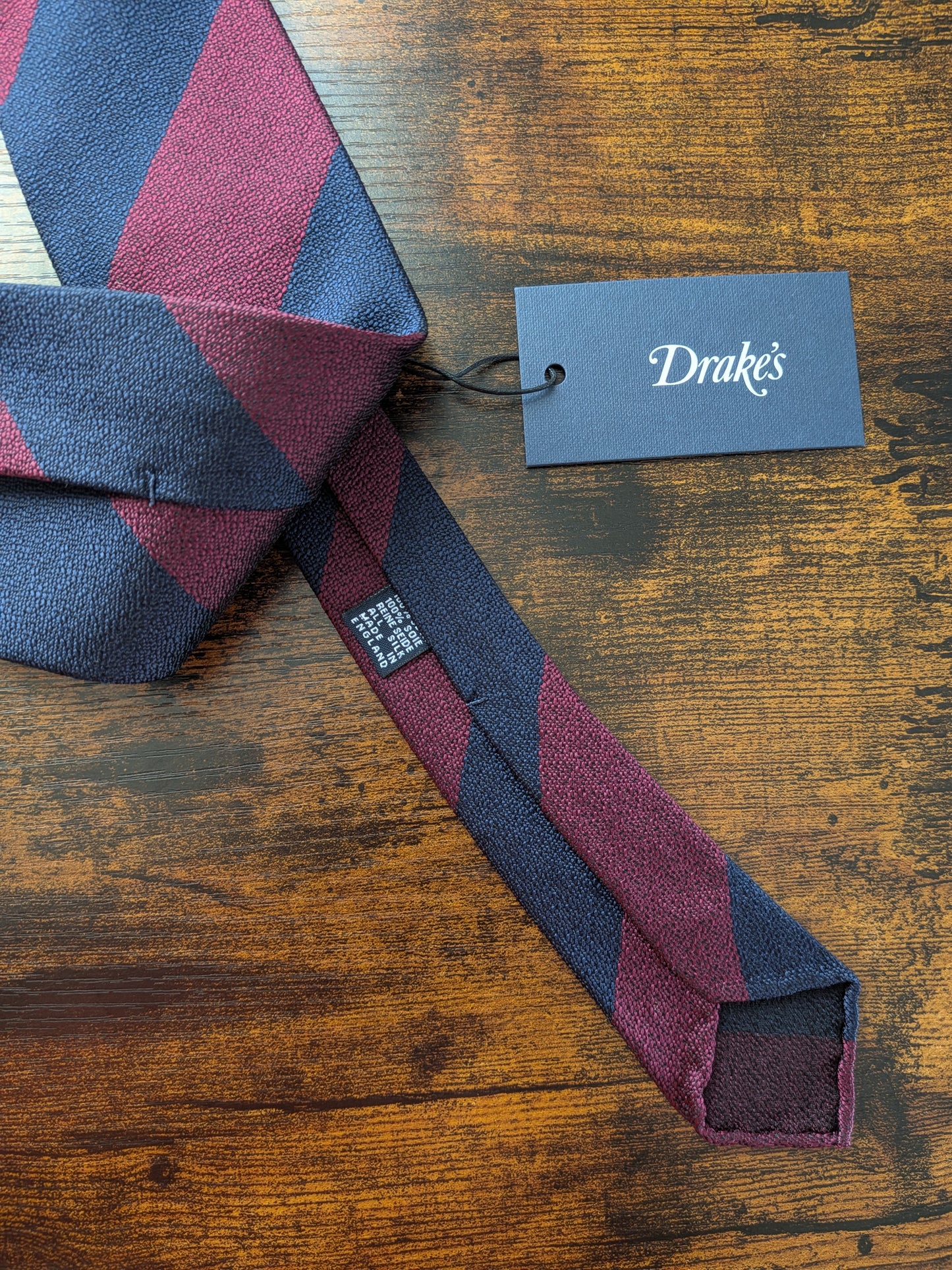 Drakes Burgundy Navy Striped Handmade Silk Tie With Tag