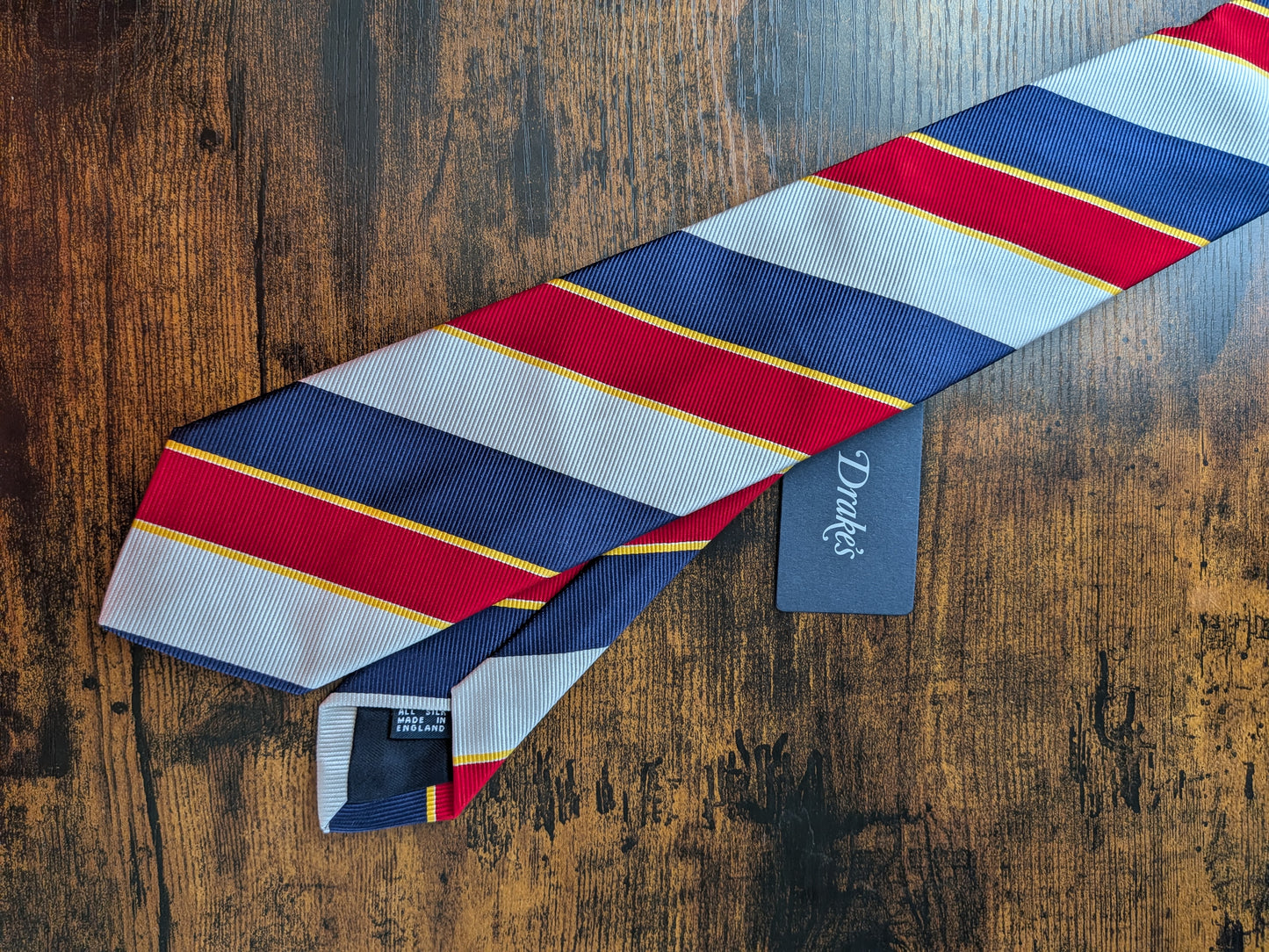 Drakes Navy Red Multicoloured Striped Handmade Silk Tie With Tag