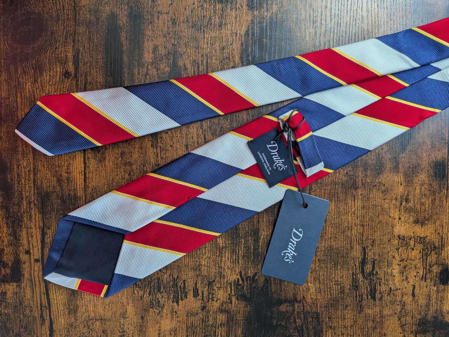 Drakes Navy Red Multicoloured Striped Handmade Silk Tie With Tag