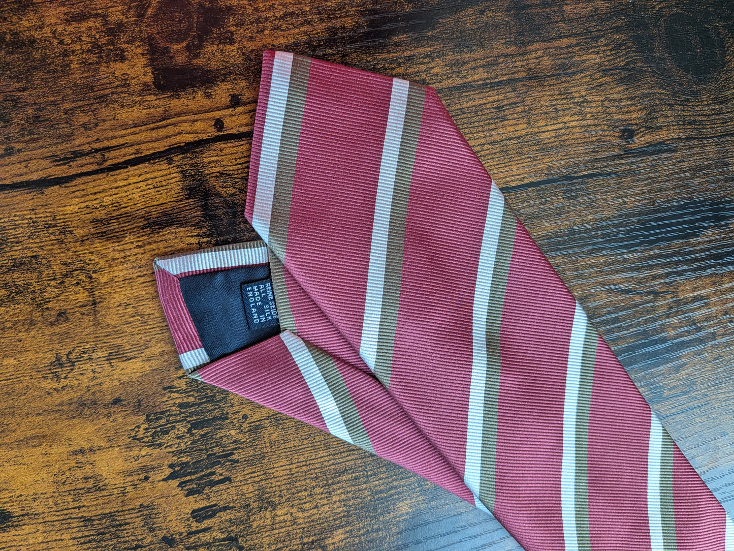 Drakes Rusty Rose Brown White Striped Handmade Silk Tie With Tag