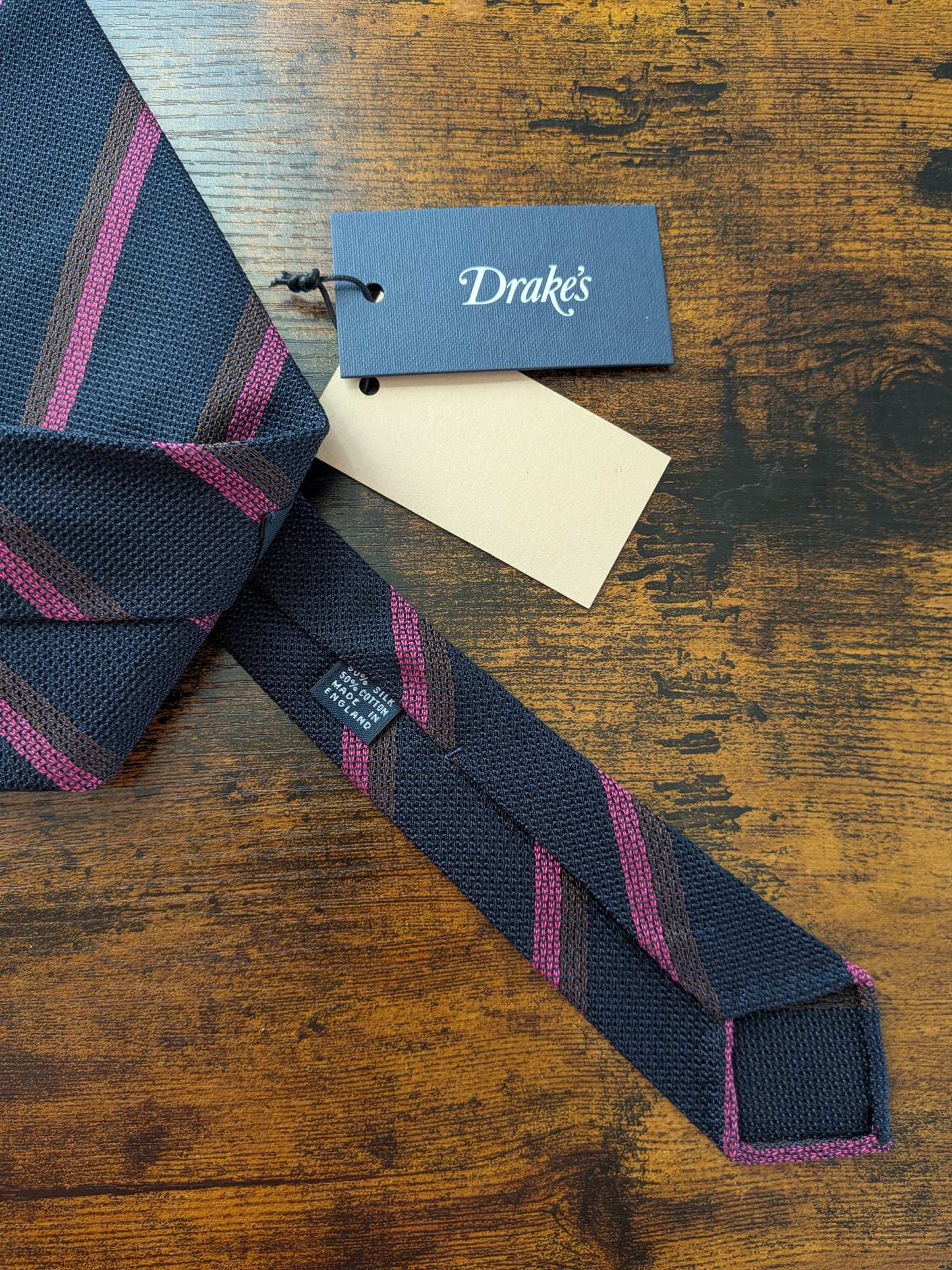 Drakes Navy Brown Pink Striped Handmade Silk Tie With Tag