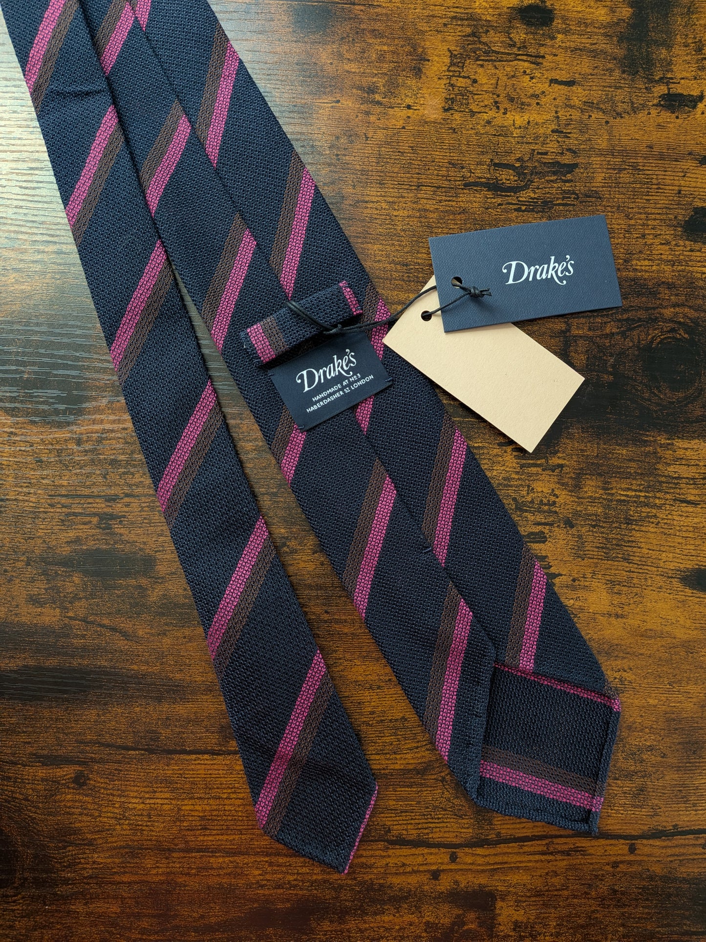 Drakes Navy Brown Pink Striped Handmade Silk Tie With Tag