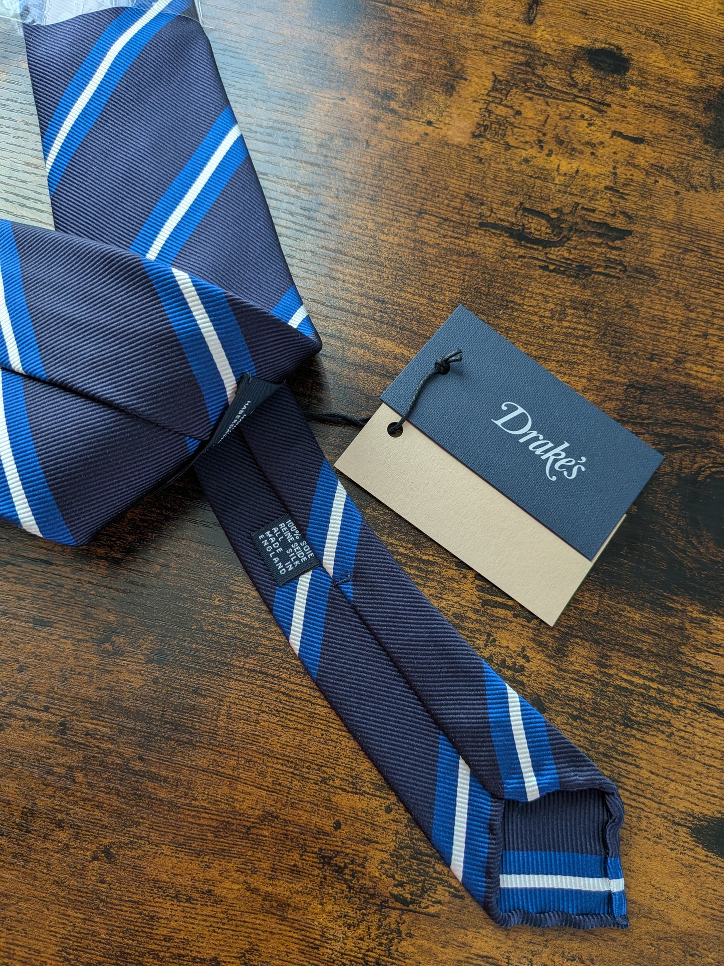 Drakes Navy Blue White Striped Handmade Silk Tie With Tag