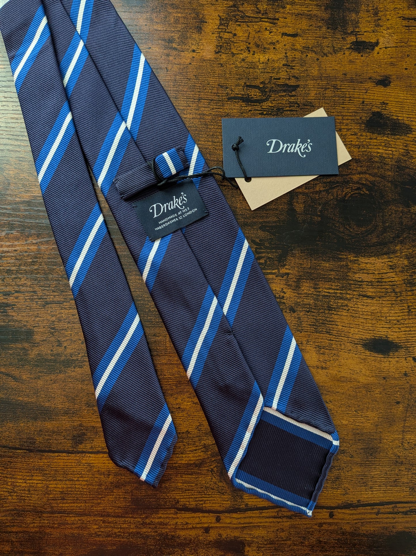 Drakes Navy Blue White Striped Handmade Silk Tie With Tag