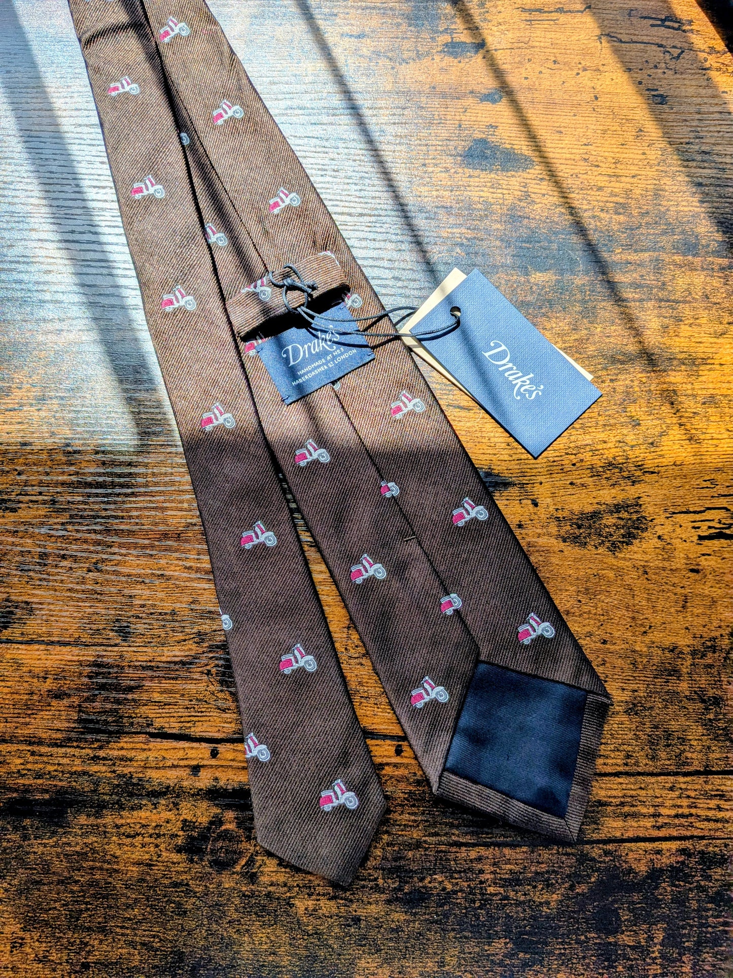Drake's Vespa Motif Handmade Silk Ties Dark Brown Pink
