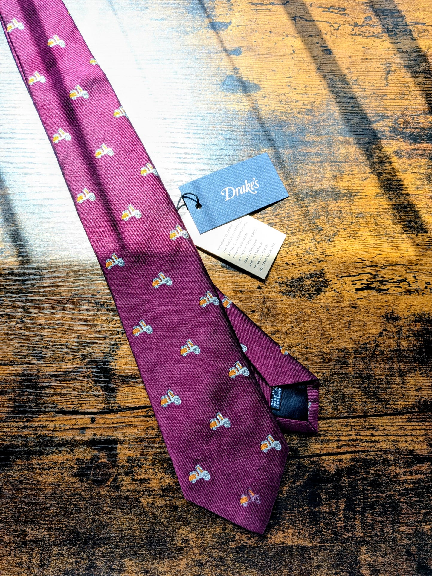Drake's Vespa Motif Handmade Silk Ties Burgundy Orange