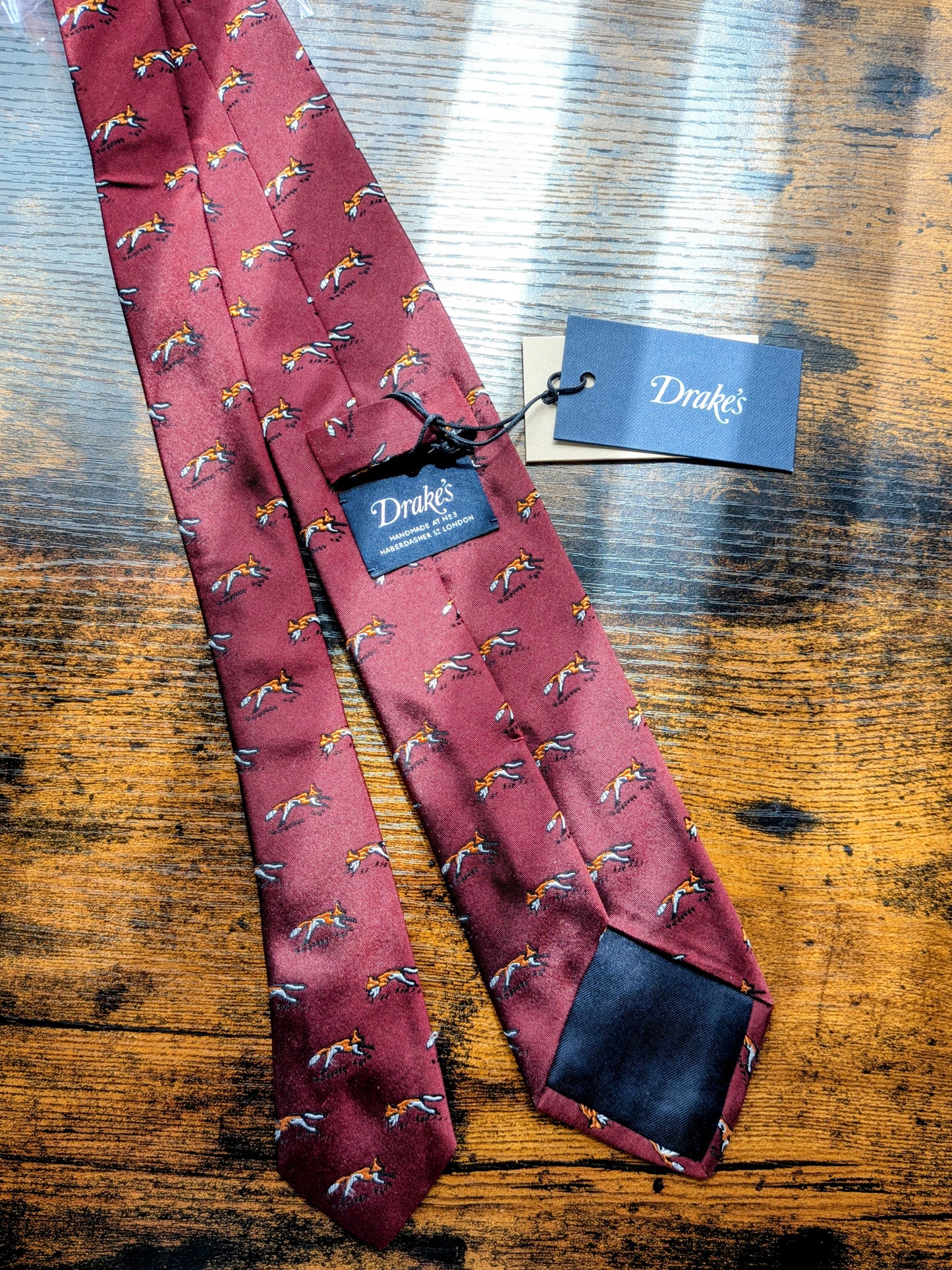 Drake's Burgundy Fox Motif Handmade Silk Ties