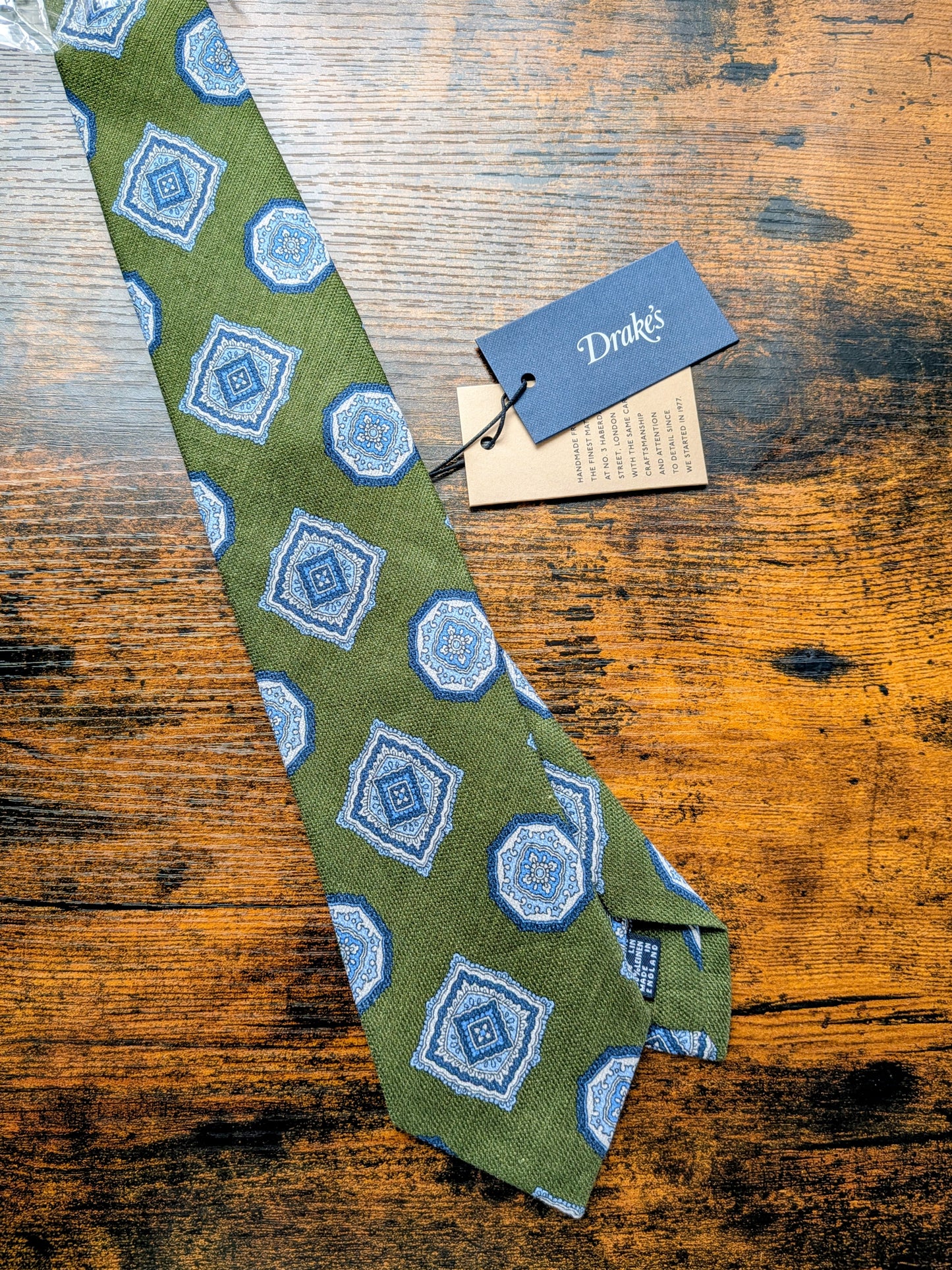 Drakes Sage Green Blue Geometric Handmade Silk Tie With Tag