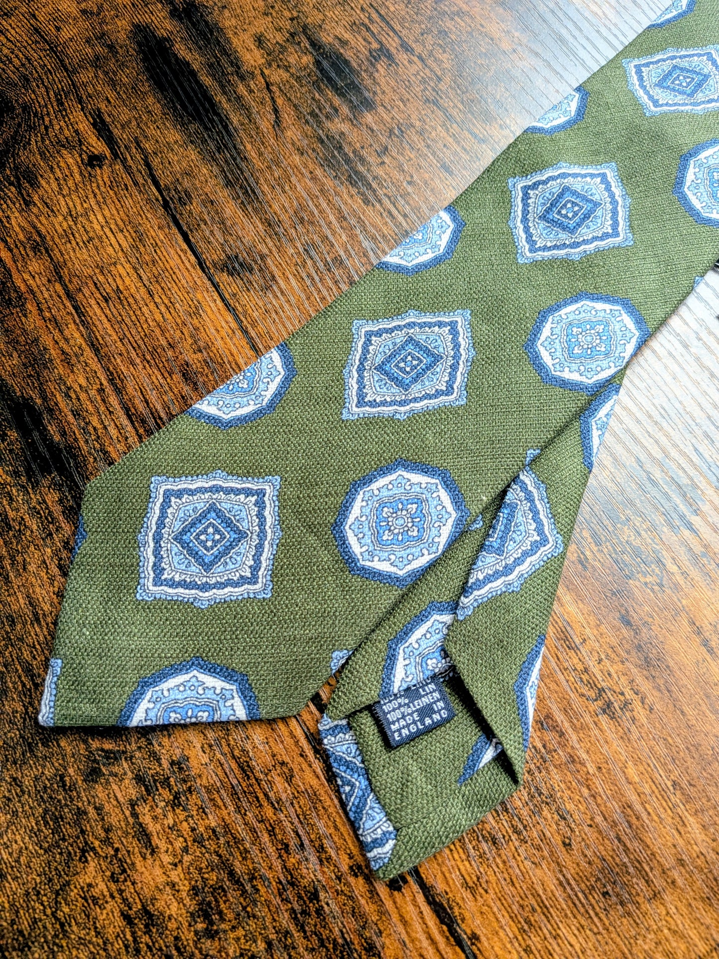 Drakes Sage Green Blue Geometric Handmade Silk Tie With Tag