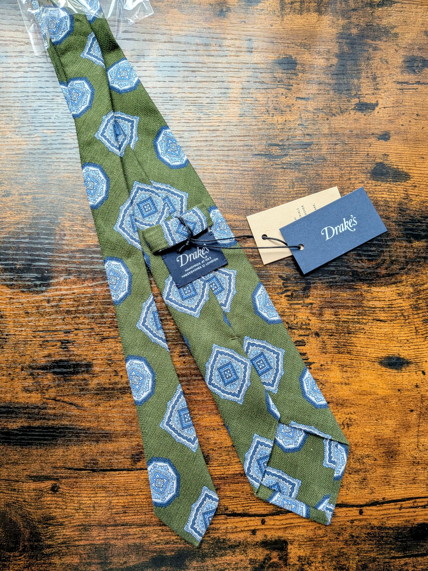 Drakes Sage Green Blue Geometric Handmade Silk Tie With Tag