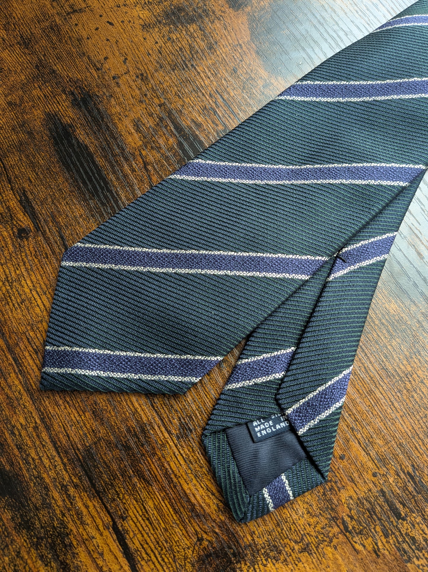 Drakes Dark Green Royal Blue Striped Handmade Silk Tie With Tag