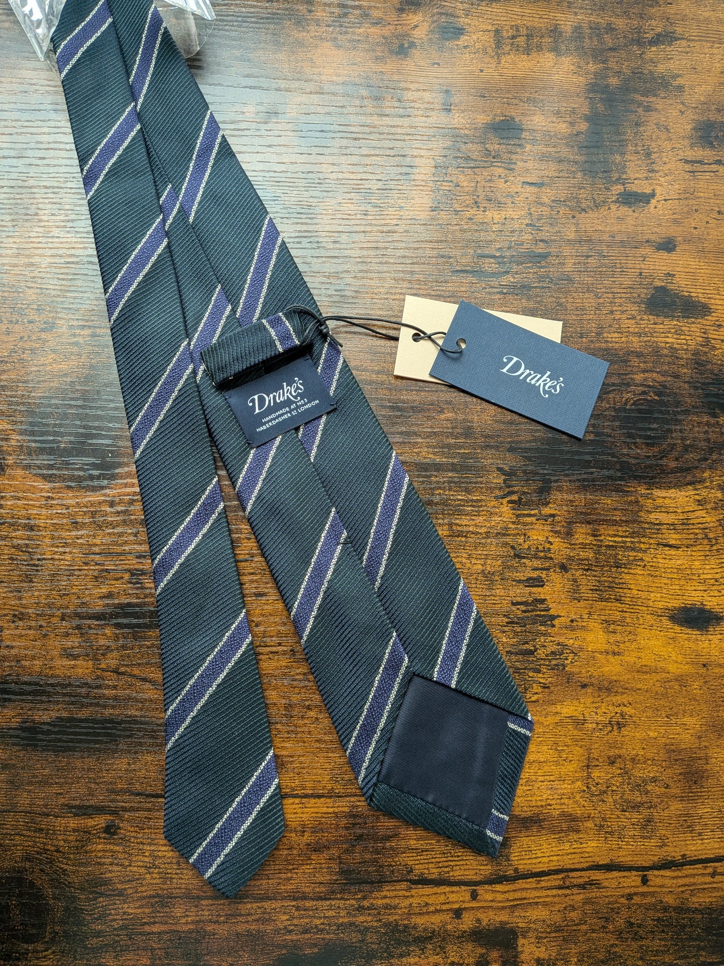 Drakes Dark Green Royal Blue Striped Handmade Silk Tie With Tag
