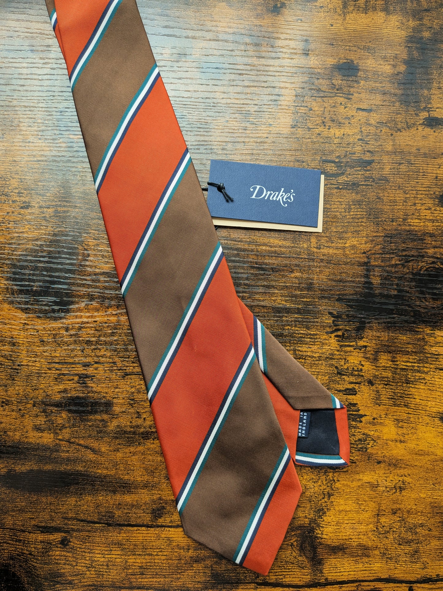 Drakes Orange Greene Striped Handmade Silk Tie With Tag
