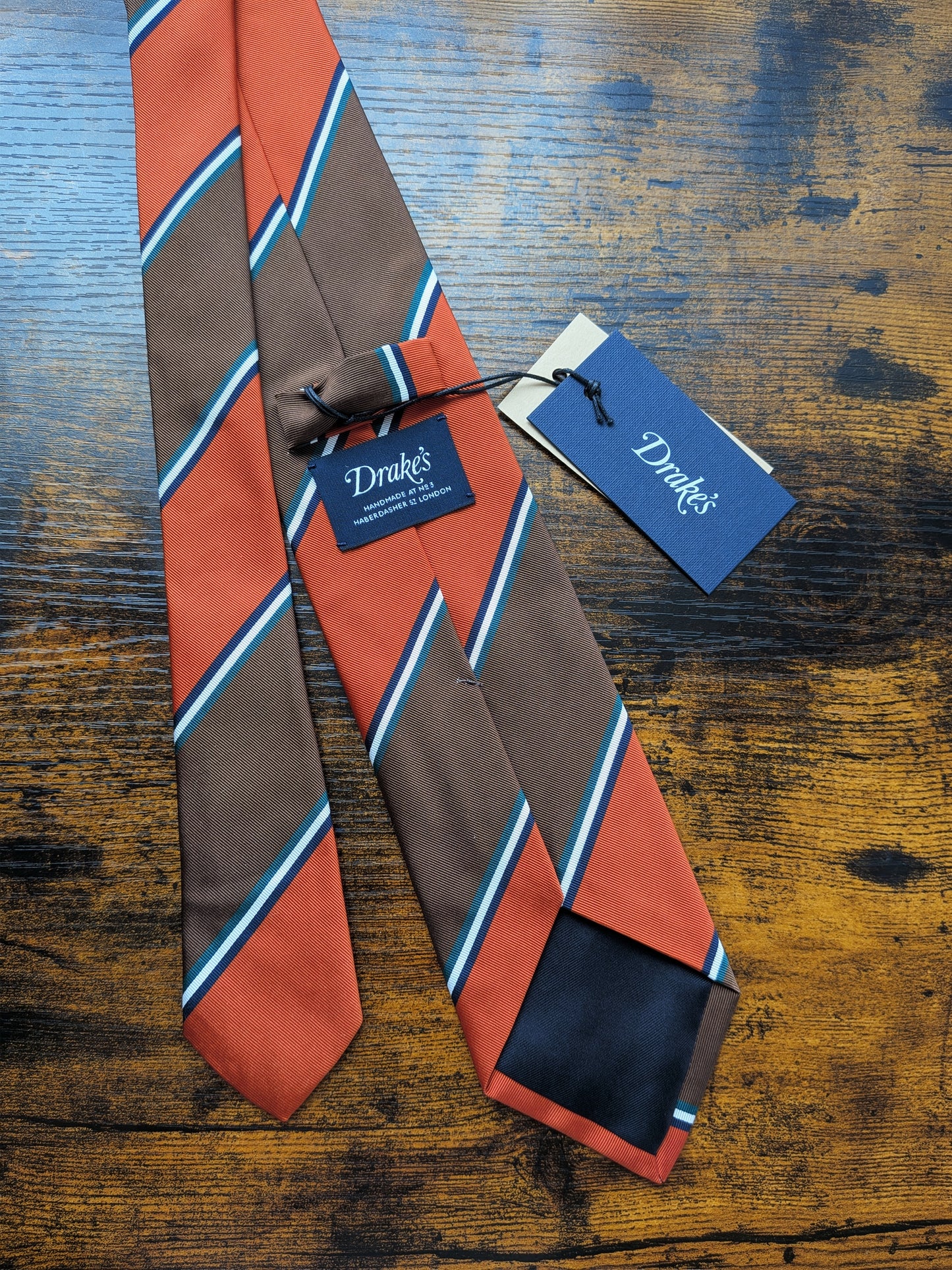 Drakes Orange Greene Striped Handmade Silk Tie With Tag