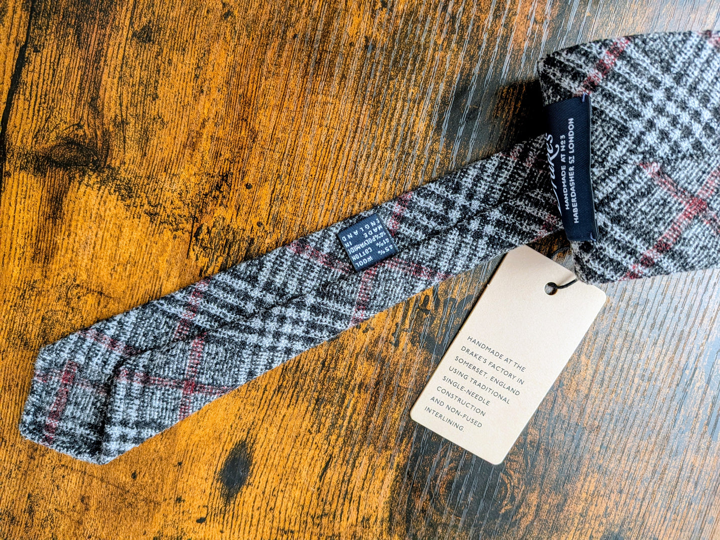 Drakes Grey Red Check Handmade Silk Tie With Tag