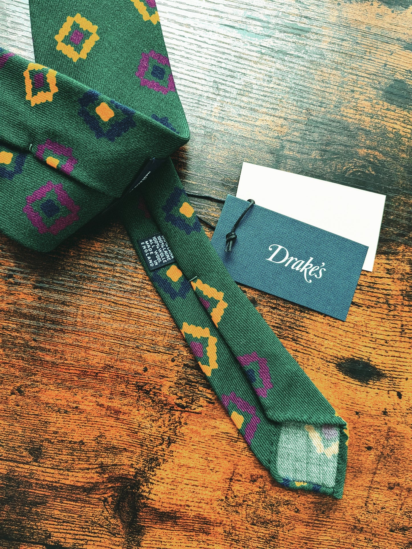 Drakes Dark Green Geometric Handmade Silk Tie With Tag