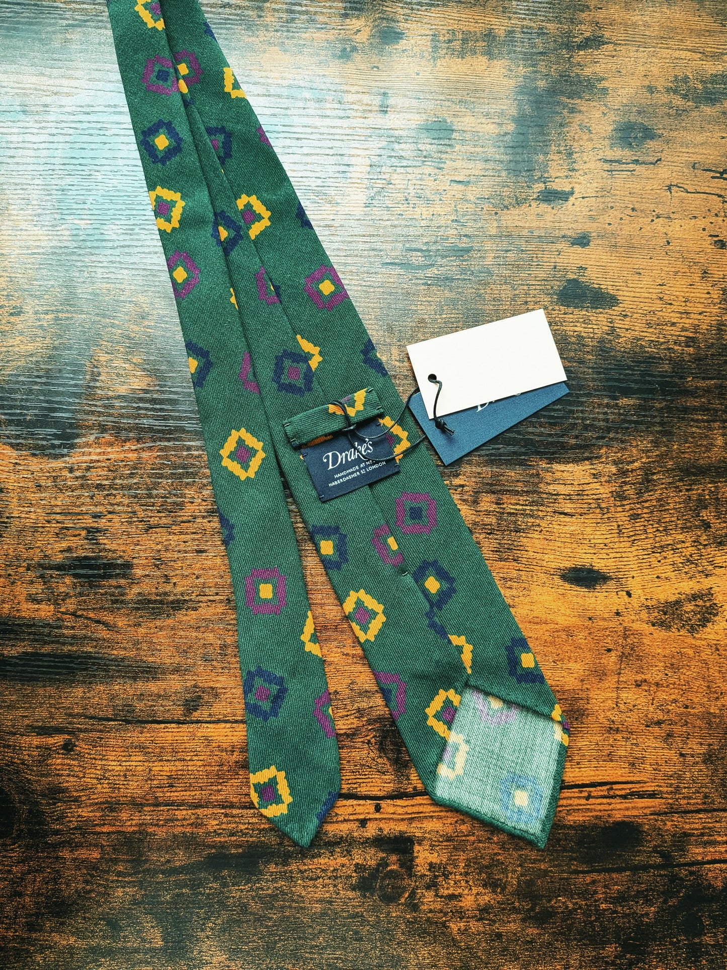 Drakes Dark Green Geometric Handmade Silk Tie With Tag