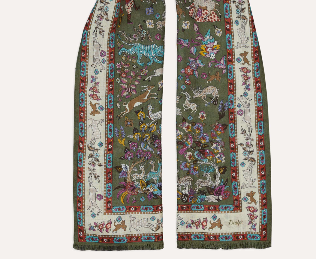 Drake's Green Summer Mughal Print Wool Silk Scarf Limited Edition