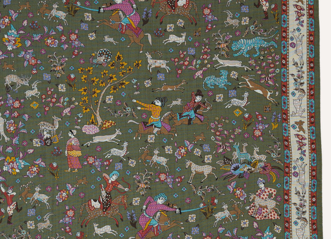 Drake's Green Summer Mughal Print Wool Silk Scarf Limited Edition
