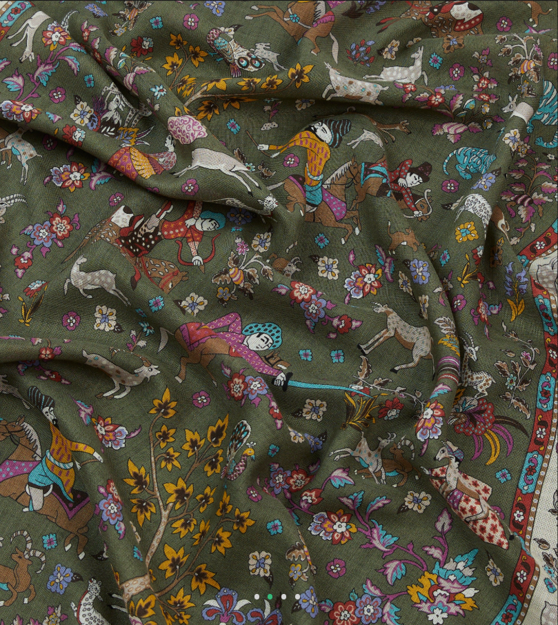 Drake's Green Summer Mughal Print Wool Silk Scarf Limited Edition