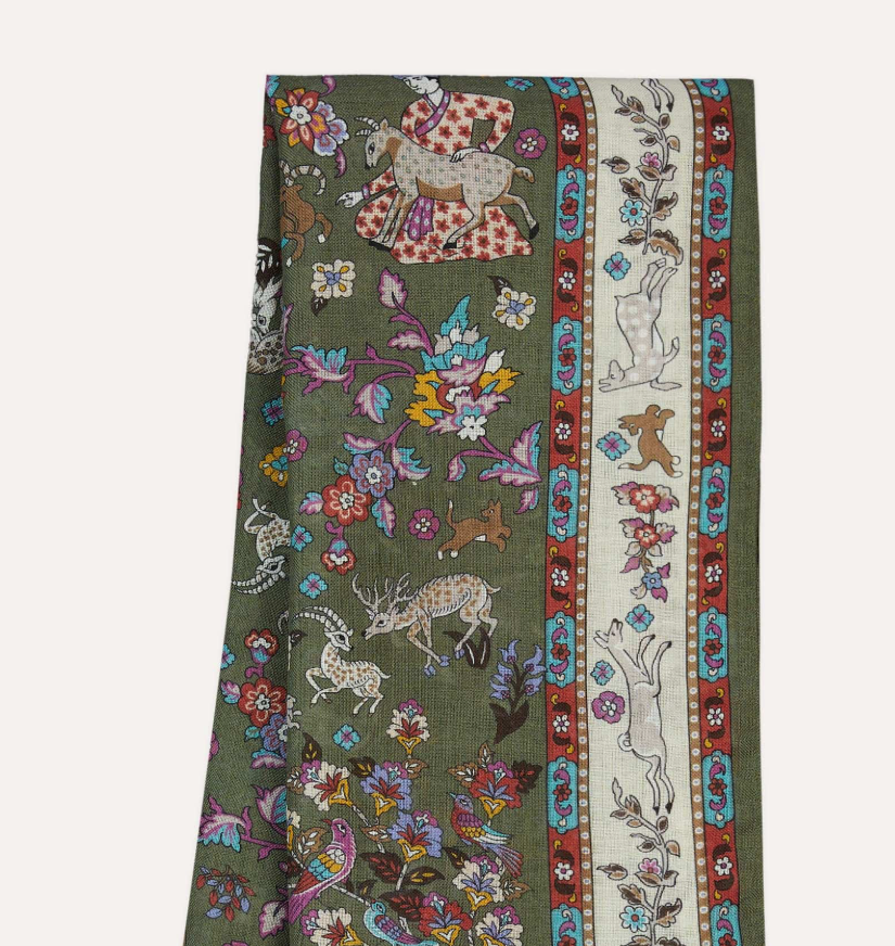 Drake's Green Summer Mughal Print Wool Silk Scarf Limited Edition