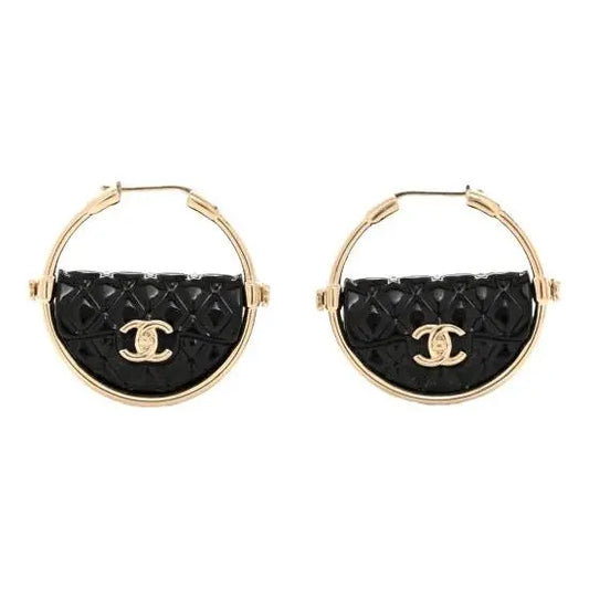 Chanel Runway Quilted Metal Resin Flap Bag Hoop Earrings Limited Edition Black Gold