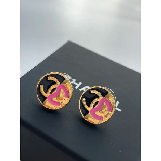 Chanel 24C Black Pink CC Logo Stud Earrings
