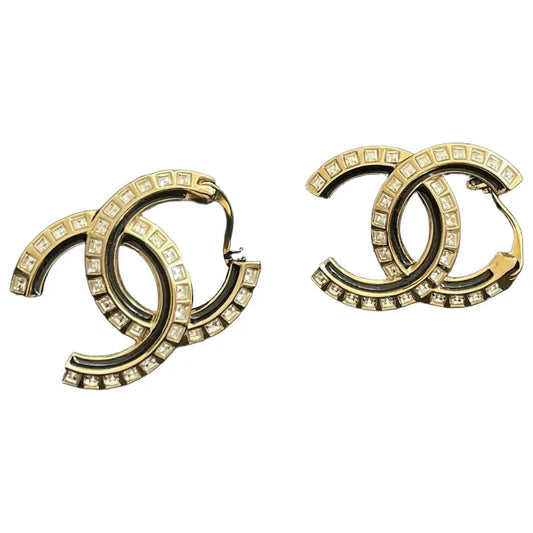 Chanel 24C Black Enamel  CC Rhinestone Stud Earrings