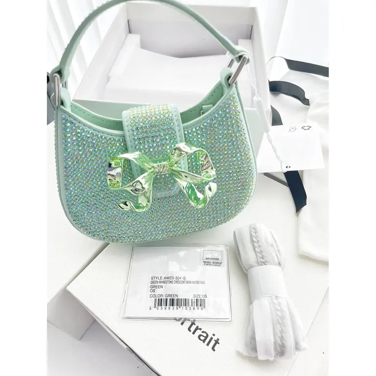 Self-portrait Green Rhinestone Crescent Bow Micro Bag
