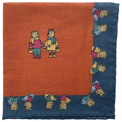 Drakes Linen/Cotton Teddy Bear Print Pocket Square Limited Edition