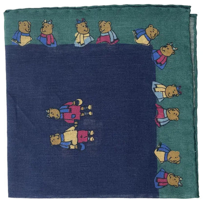 Drakes Linen/Cotton Teddy Bear Print Pocket Square Limited Edition
