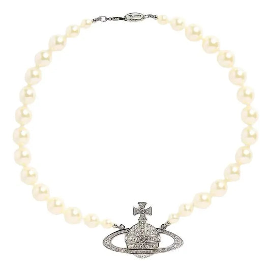 Vivienne Westwood Plantium/Creamrose One Row Pearl Bas Relief Choker Size W2