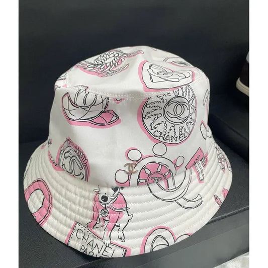 Chanel 23P Cotton Bucket Hat White/Black/Pink With Dog Logo Size S