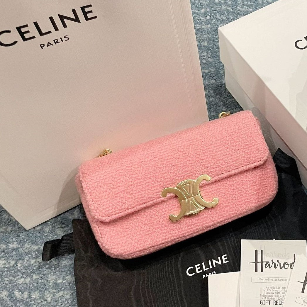 CELINE Chain Shoulder Bag Triomphe In Bouclette Textile & Calfskin Pink / Tan