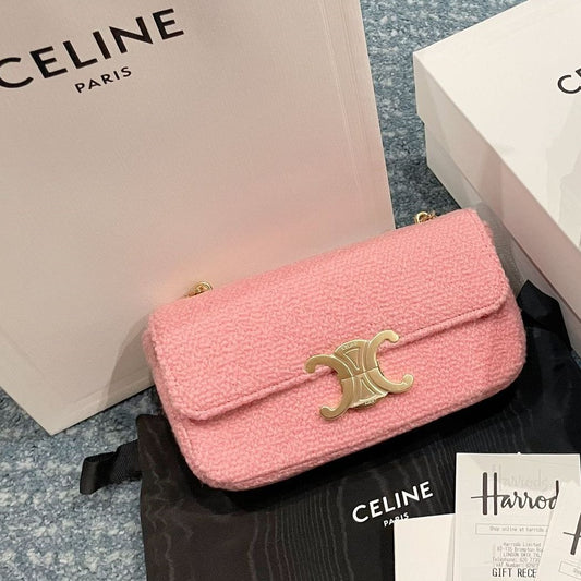 Celine Chain Shoulder Bag Triomphe In Bouclette Textile & Calfskin Pink / Tan